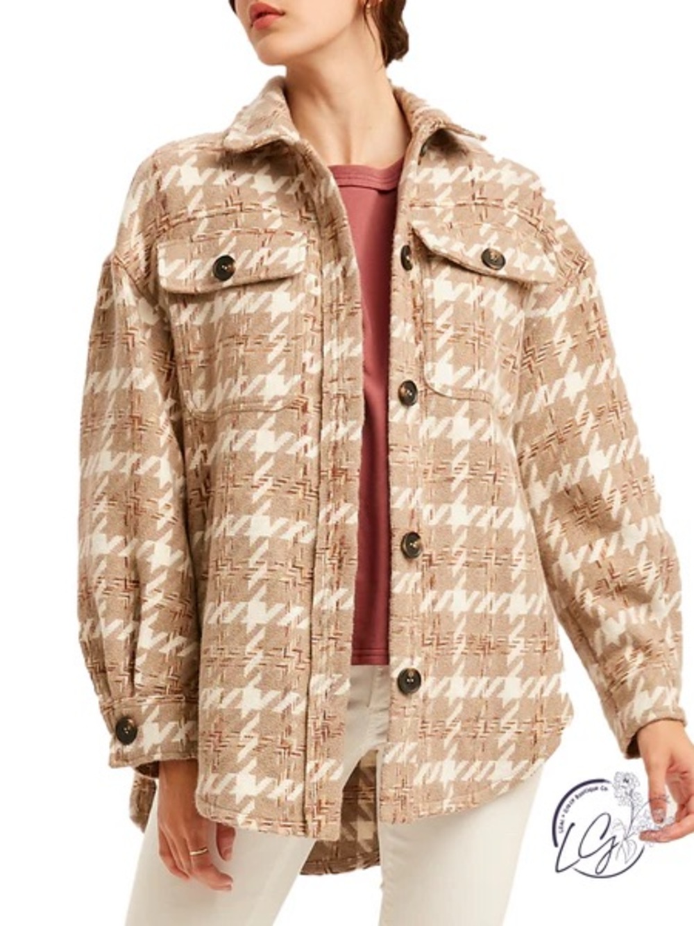 Buckle Beige and Cream Houndstooth Teddy Shacket